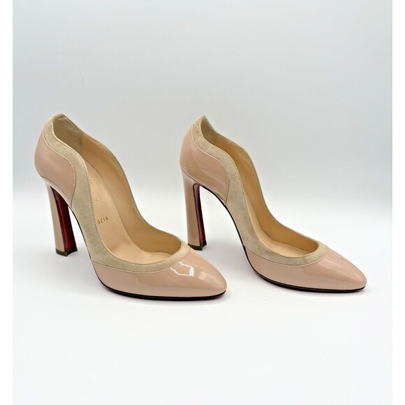 Christian Louboutin Patent & Suede Nude Block Heels Maud 100 Sz EU 37 7 Sample - Picture 3 of 13
